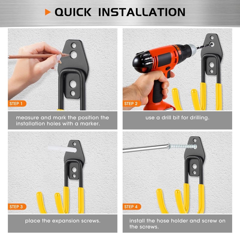 Pruite Hose Hanger Wall Mount 2 Pack,Heavy Duty Hose Holder with Screws Metal Hose Hangers for Outside,Hose Rack Suitable for Garage,Garden and Yard,Yellow - Image 5